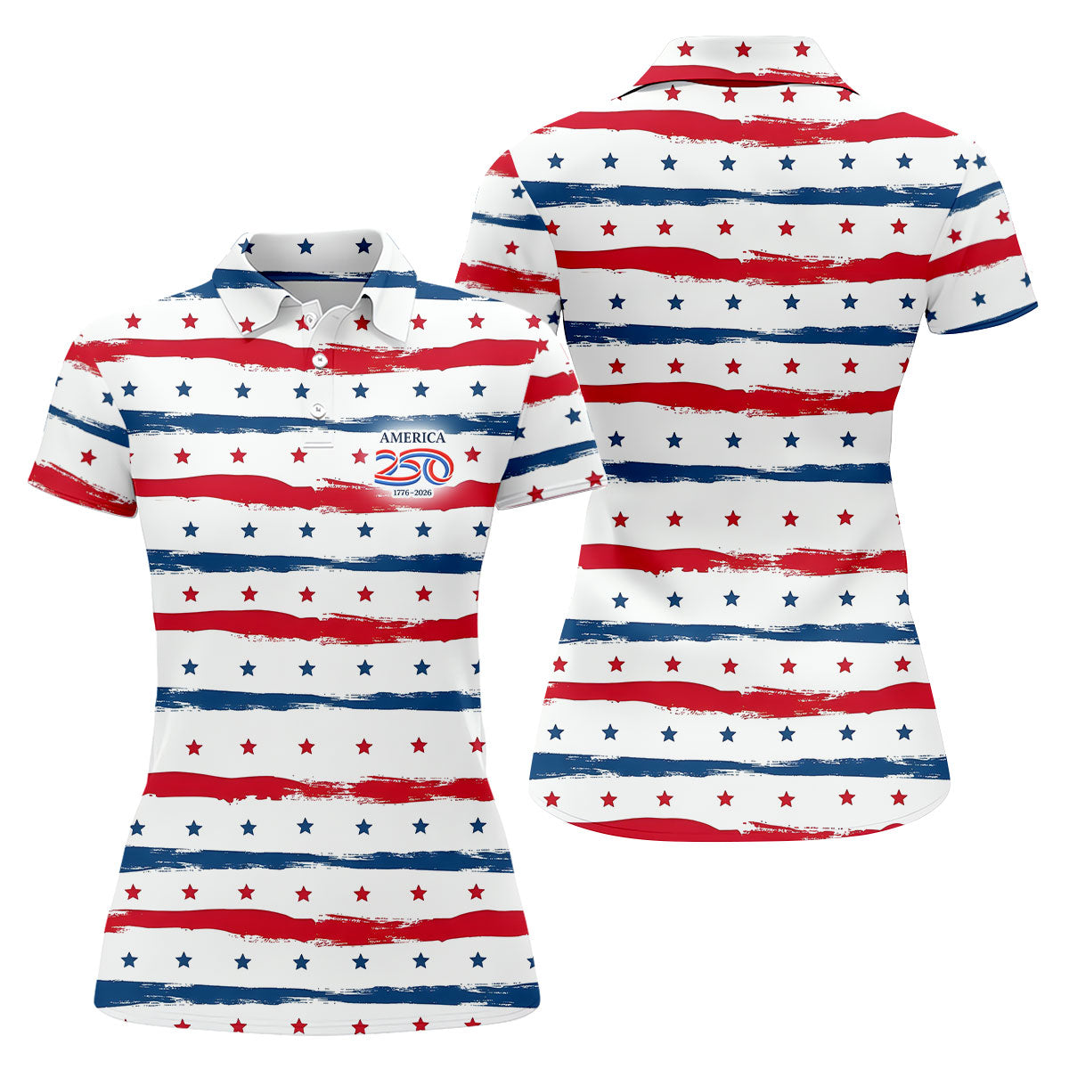 America 250 Red White Blue Stars And Stripes Ladies Golf Tops, Patriotic 4th Of July Golf Shirt For Women