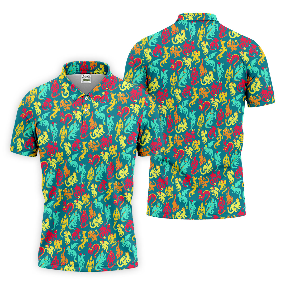Cartoon Dragons Colorful Golf Shirt, Cute Golf Outfit, Polo Shirt Men, Golf Shirts For Men