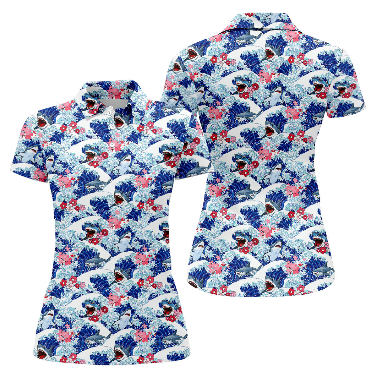 Funny Shark Japanese Wave Hawaiian Golf Shirt, Women's Golf Tops, Ladies Golf Shirts