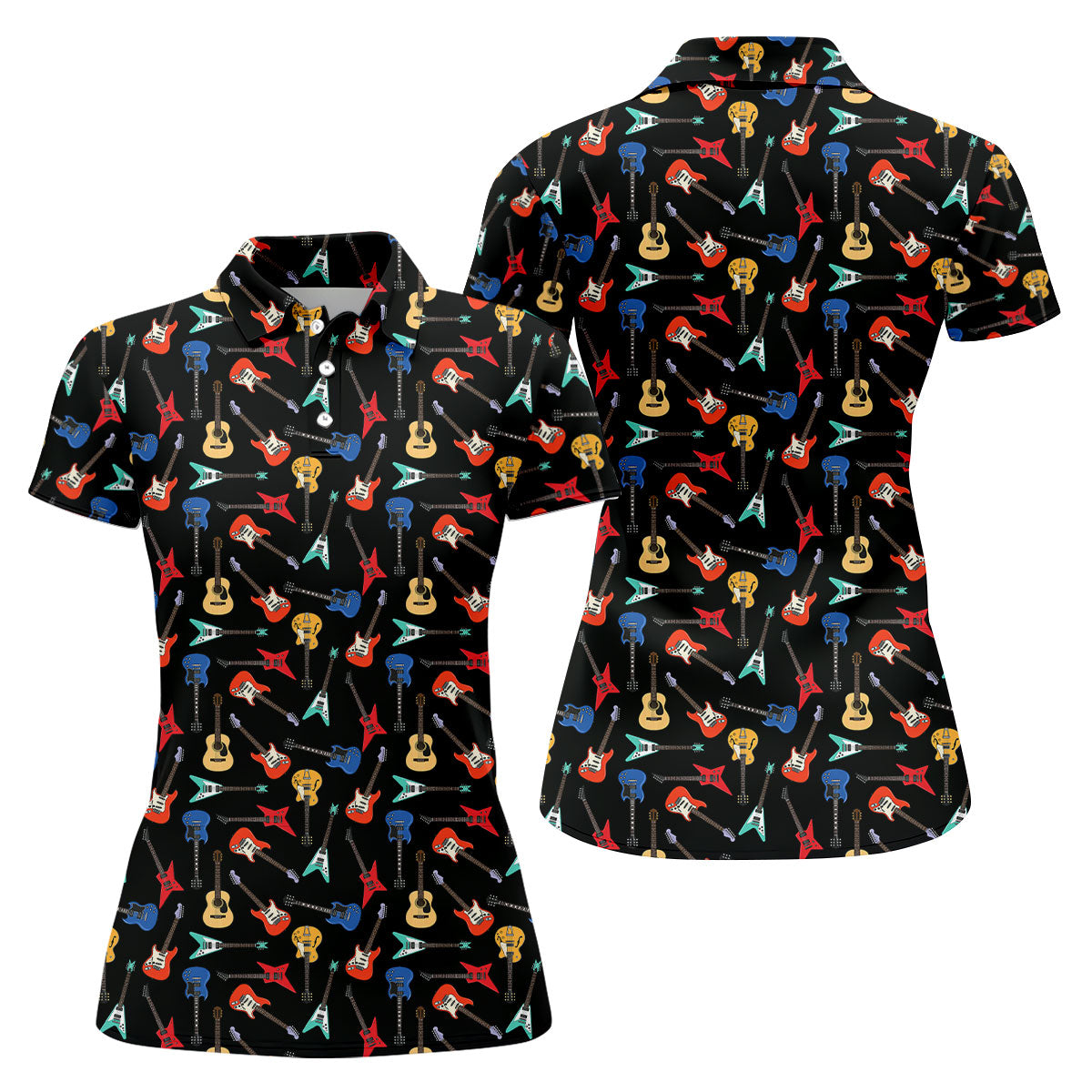 Guitar Pattern Hawaiian Golf Shirt, Music Lover Women's Golf Tops, Ladies Golf Shirts