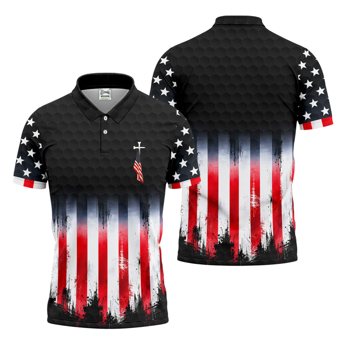 Faith Cross American Flag Patriotic Golf Ball Pattern 4th Of July Golf Shirt, 250th Anniversary Golf Shirts For Men