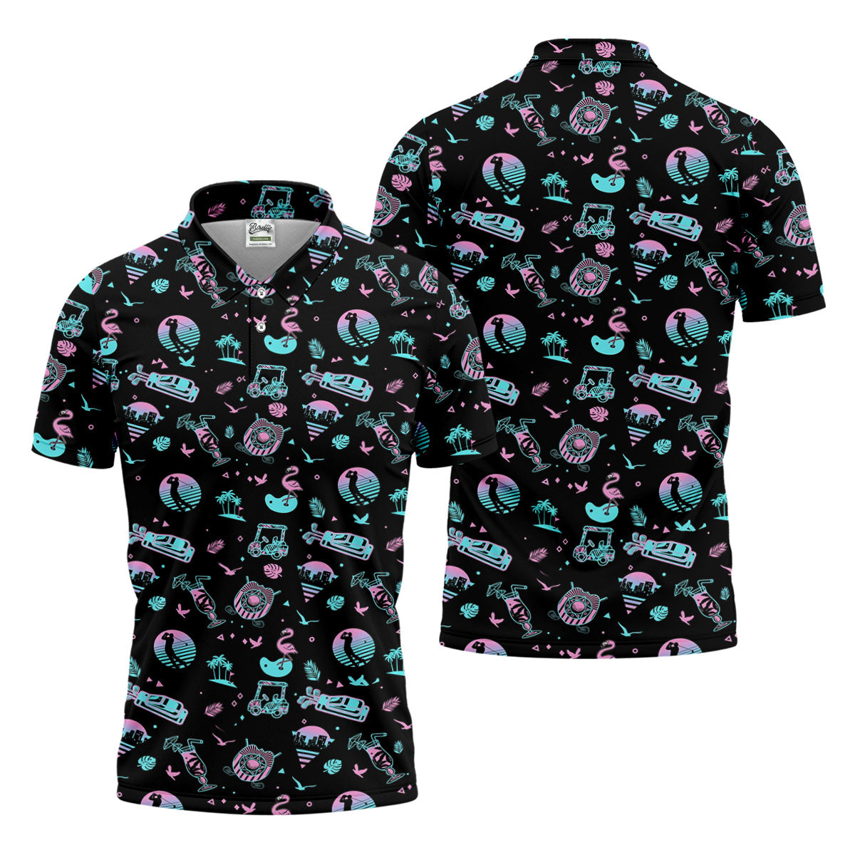 Flamingo Tropical Gradient Colors Retro Golf Shirt, Golf Tops For Men, Golf Shirts For Men