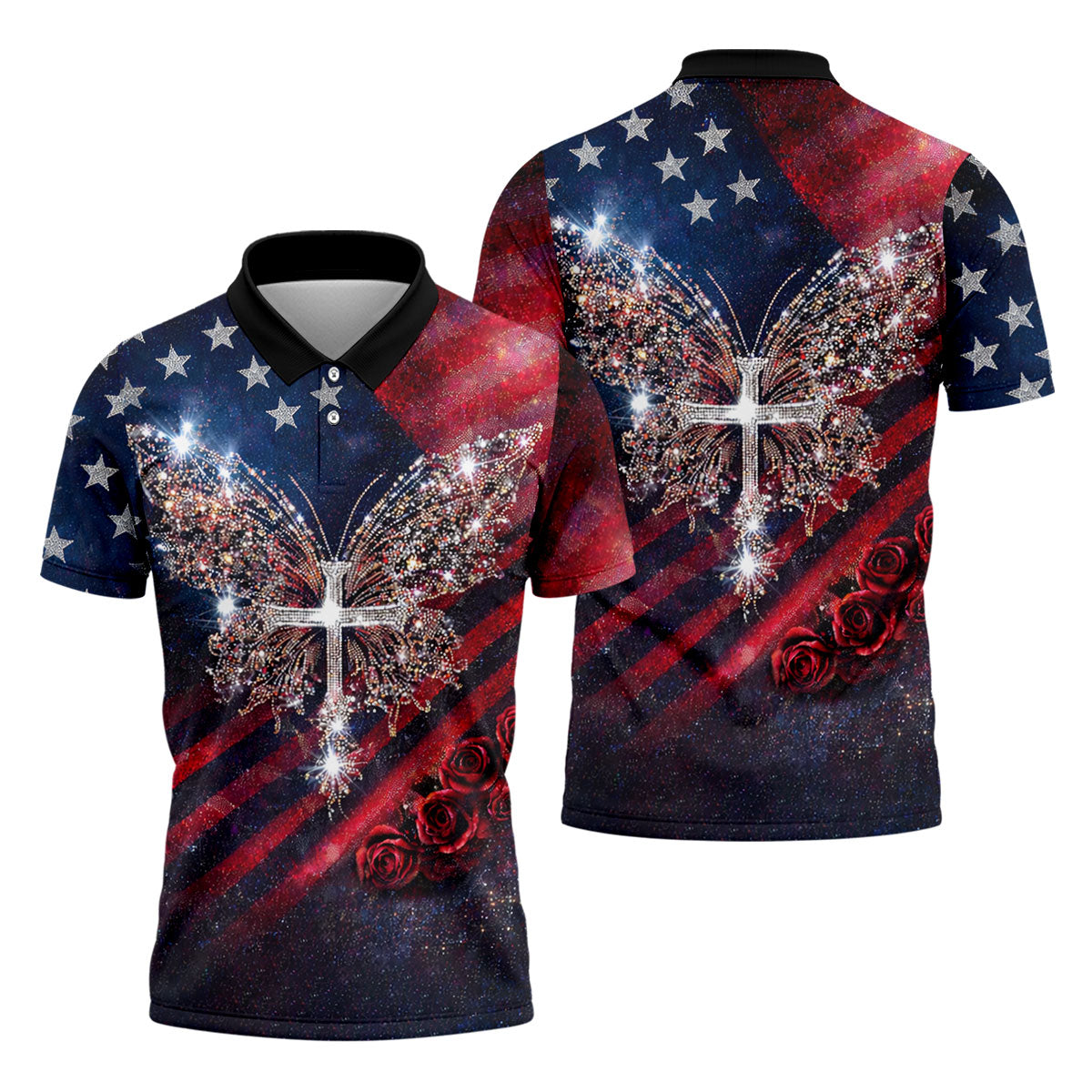 Vintage Faith Rhinestone Butterfly American Flag Golf Shirt, 250 Years Patriotic 4th Of July Golf Shirts For Men