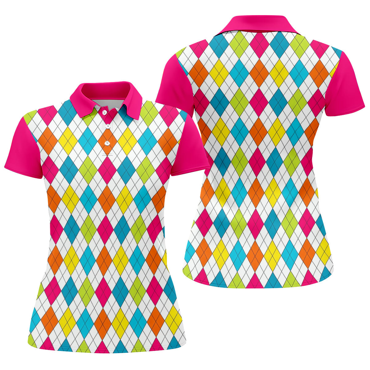 Pink Sleeve Colorful Argyle Plaid Golf Shirt, Golf Polo For Women, Printed Golf Shirt