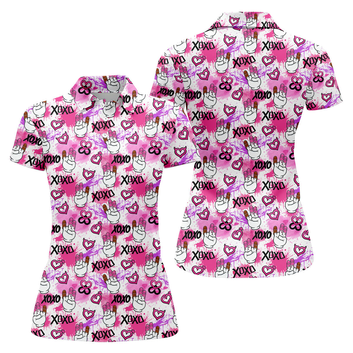 Chocolate Fingers Adult Humor XOXO Pink Splatter Fun Women's Golf Shirts, Valentines Golf Gift, Women's Golf Tops