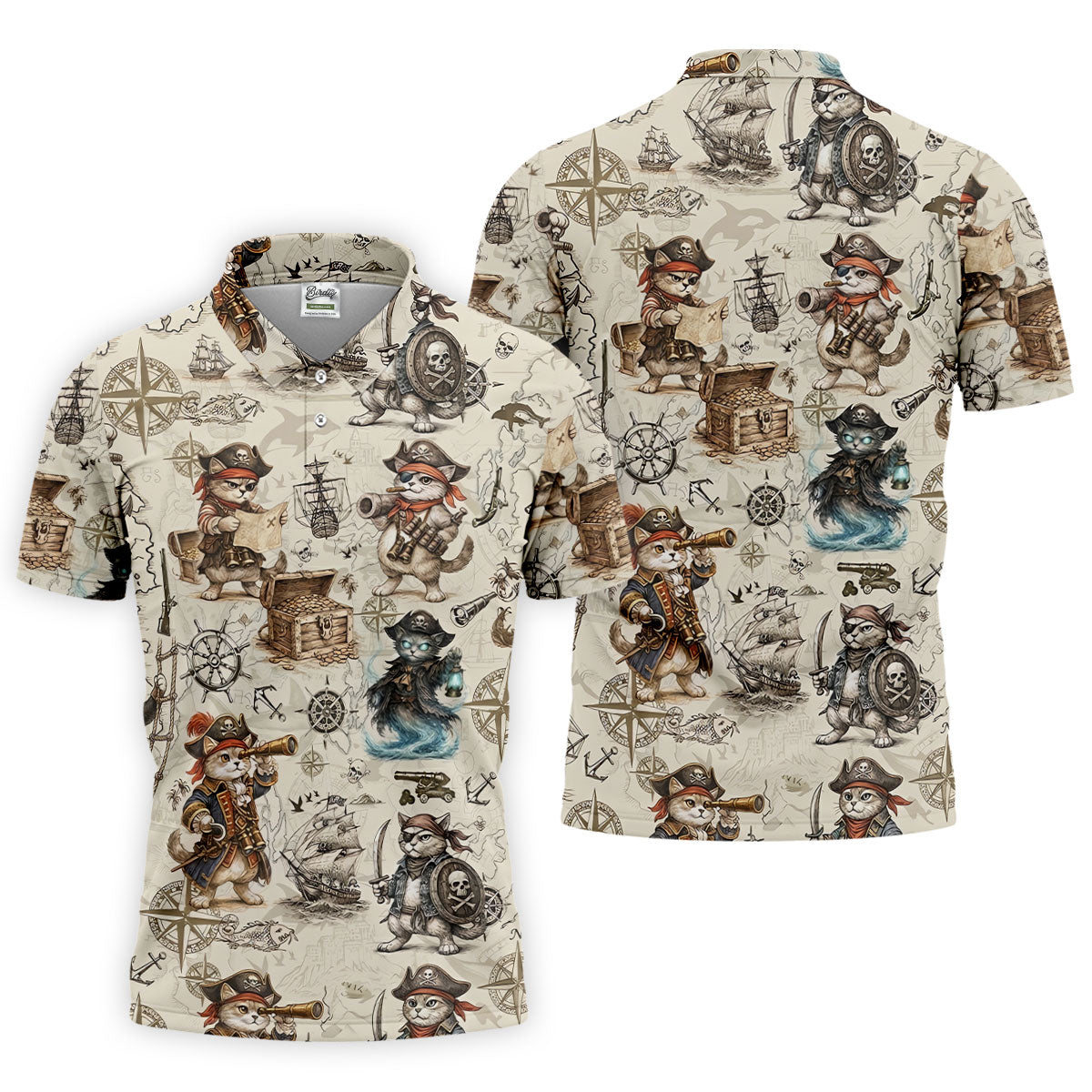 Vintage Pirate Cat Treasure Map Adventure Golf Shirt, Mens Polo Shirt, Hawaiian Golf Shirt, Golf Shirts For Men