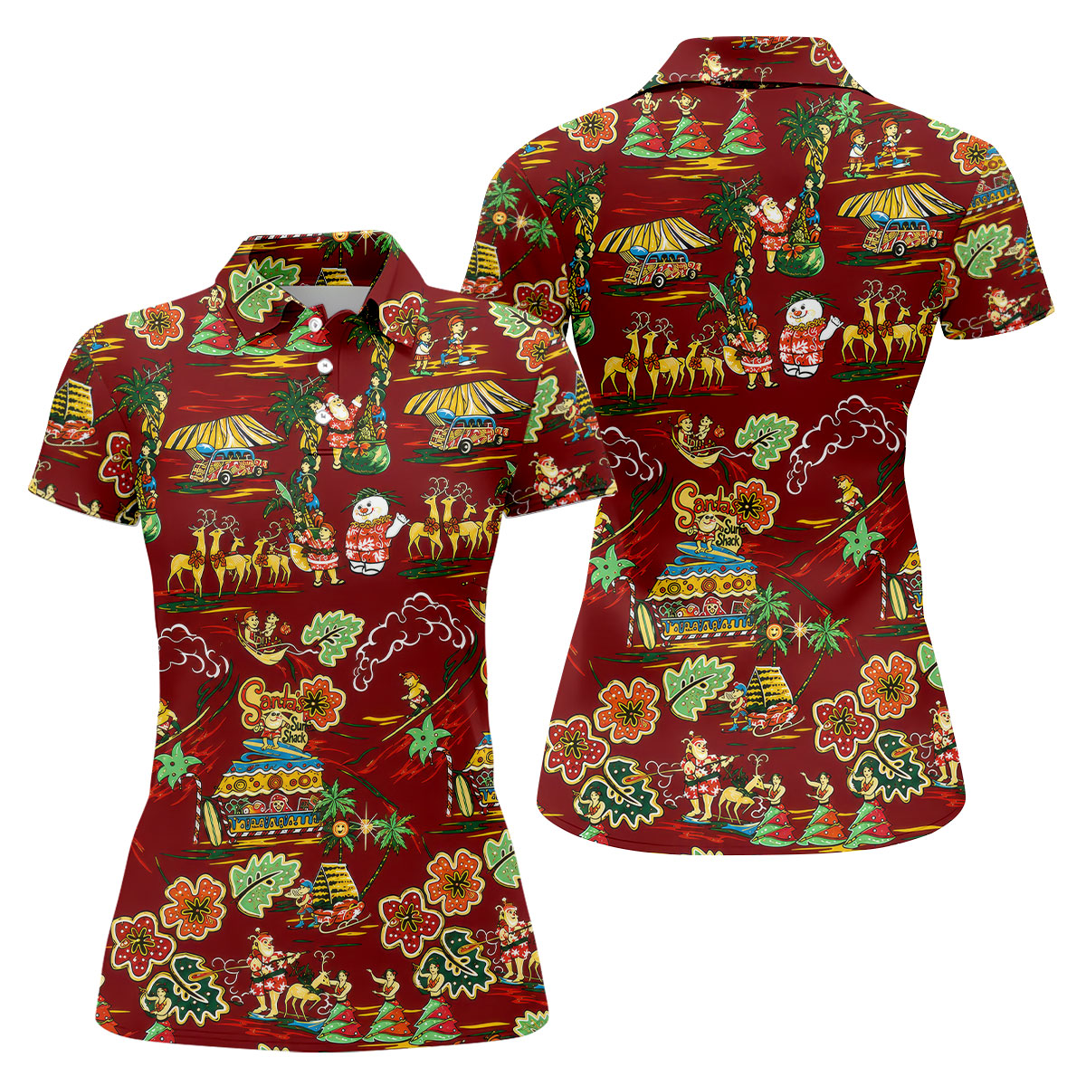 Women's Tropical Santa Surf Shack Golf Shirt, Christmas Golf Shirt, Women’s Golf Apparel