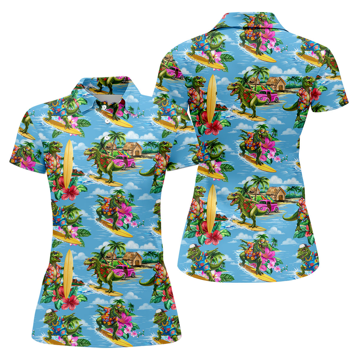 Hawaiian T Rex Surfboard Beach Hawaiian Golf Shirt, Golf Polo For Women, Printed Golf Shirt