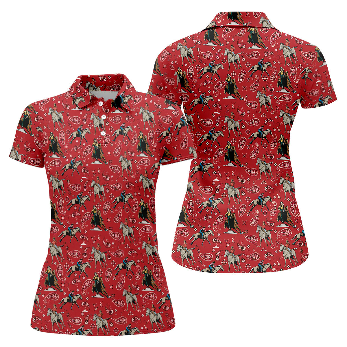 Red Cowboy Horse Paisley Pattern Golf Shirt, Ladies Golf Shirts, Women’s Golf Apparel