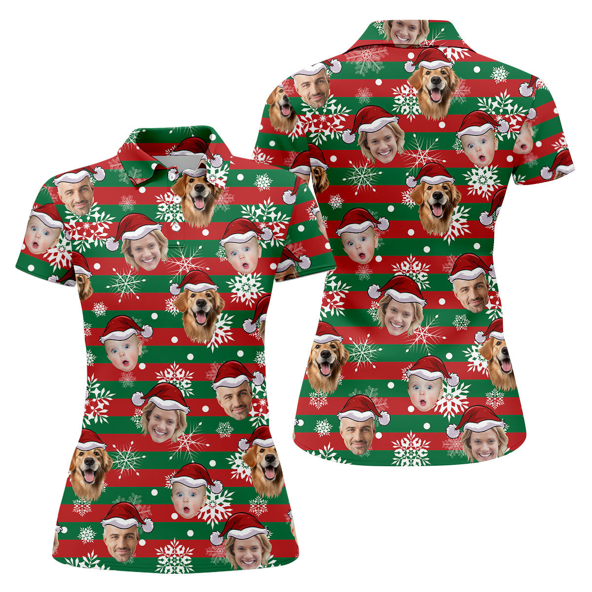 Custom Face Red Green Stripe Christmas Women's Golf Tops, Ladies Golf Shirts, Christmas Golf Gift