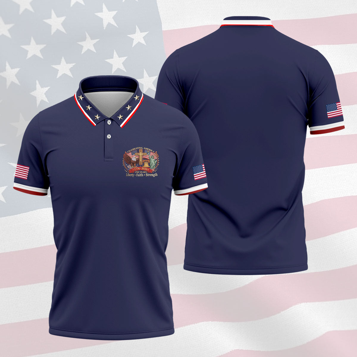 Liberty Faith Strength Faith Cross USA 250 Navy Golf Shirt, 4th Of July Golf Shirts For Men