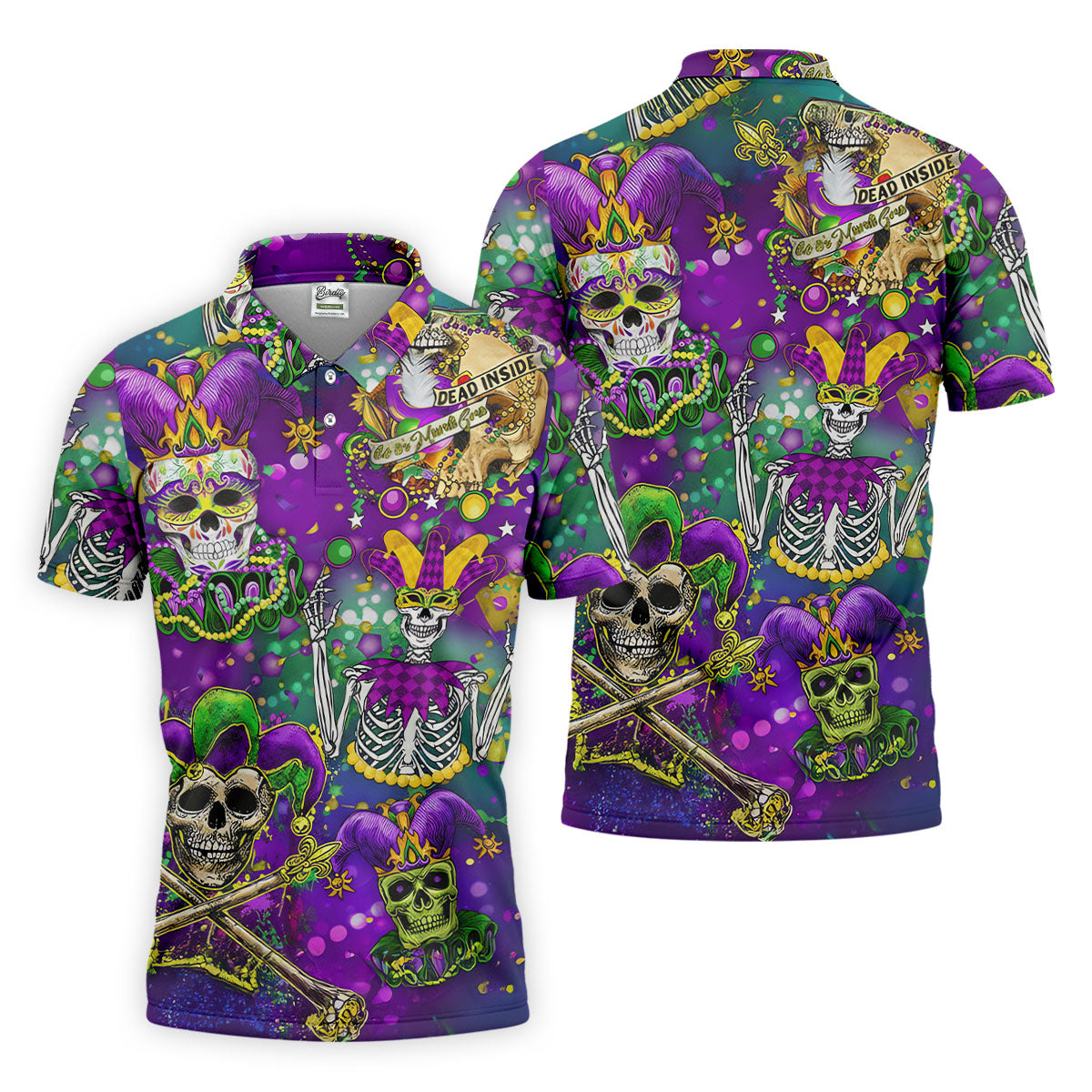 Dead Inside Mardi Gras Festival Skull Purple Green Gold Polo ShirtFor Men, Golf Shirts For Men