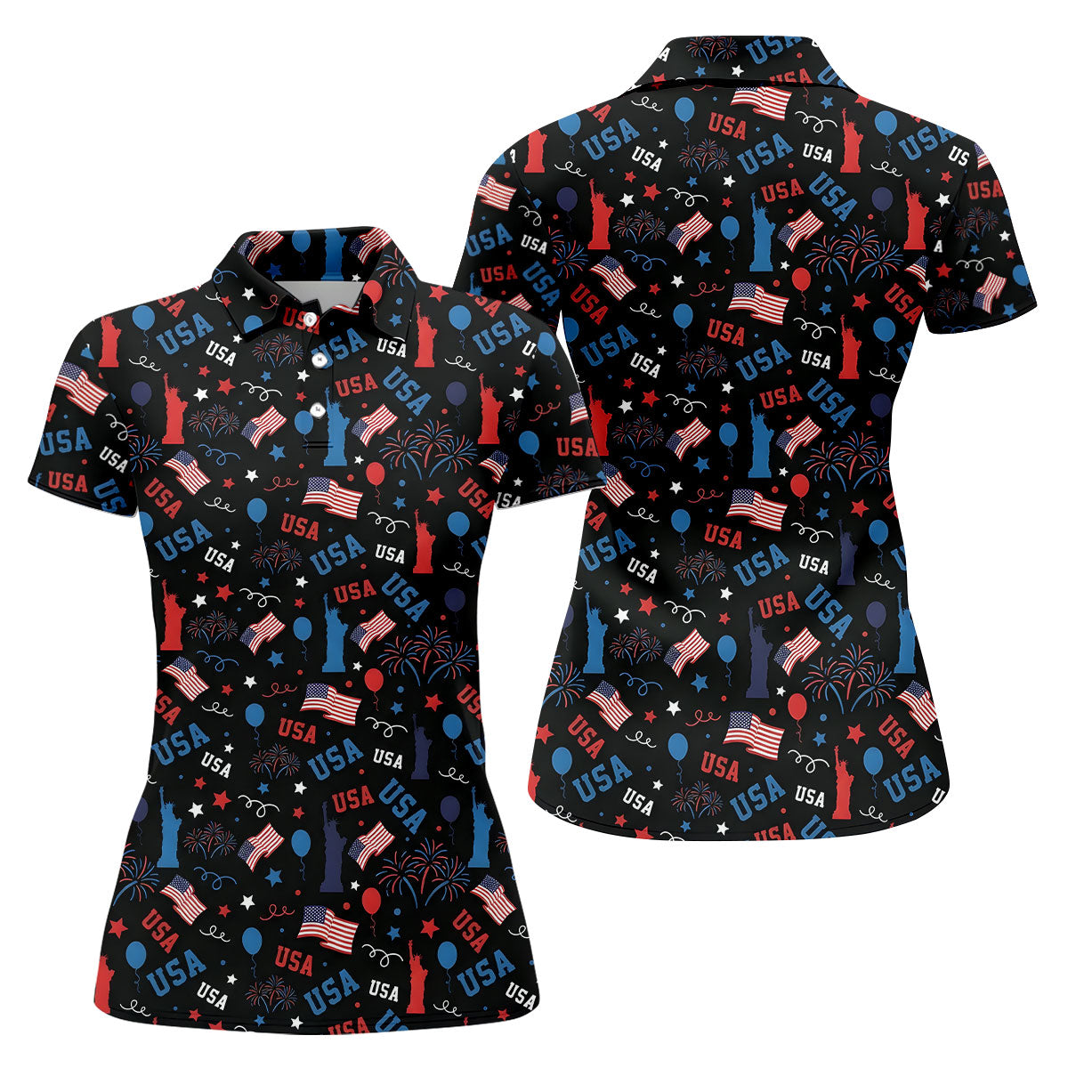 USA Red White Blue Seamless Pattern Black Golf Shirt, 250th Anniversary Patriotic 4th Of July Golf Shirt For Women