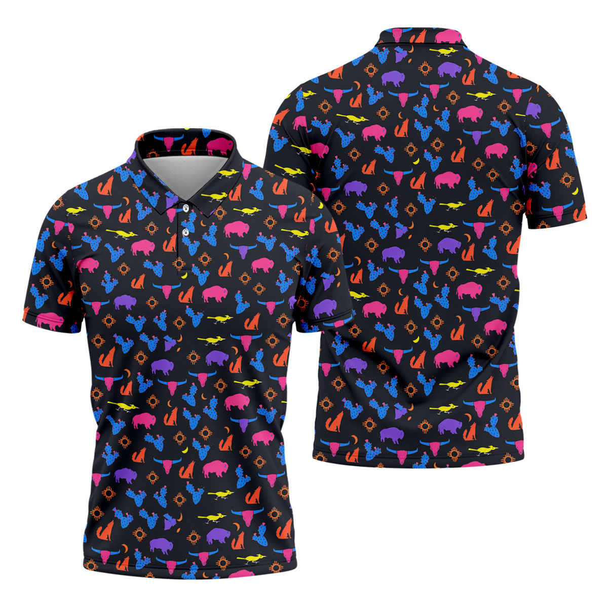 Neon Desert Cactus Buffalo Hawaiian Golf Shirt, Mens Golf Polo, Printed Golf Shirts