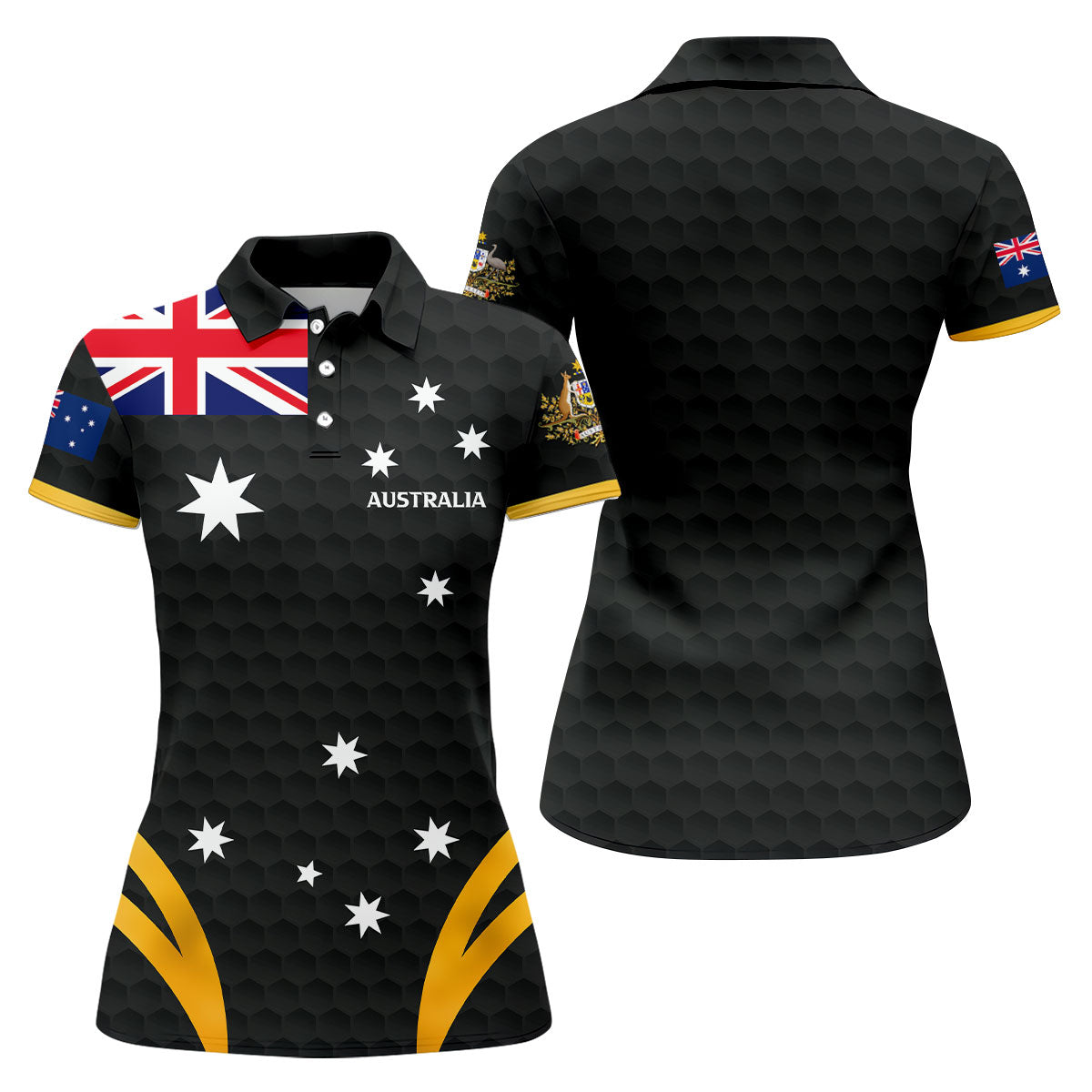 Australia Flag Print Golf Ball Pattern Black Golf Shirt, Australian Symbol Golf Shirt For Women