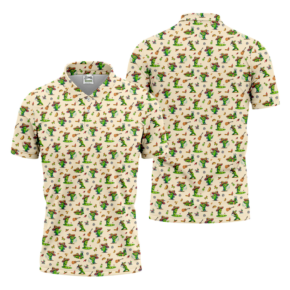 Cartoon Mustach Funny Cactus Cinco De Mayo Celebration Fiesta Themed Beige Golf Shirts For Men