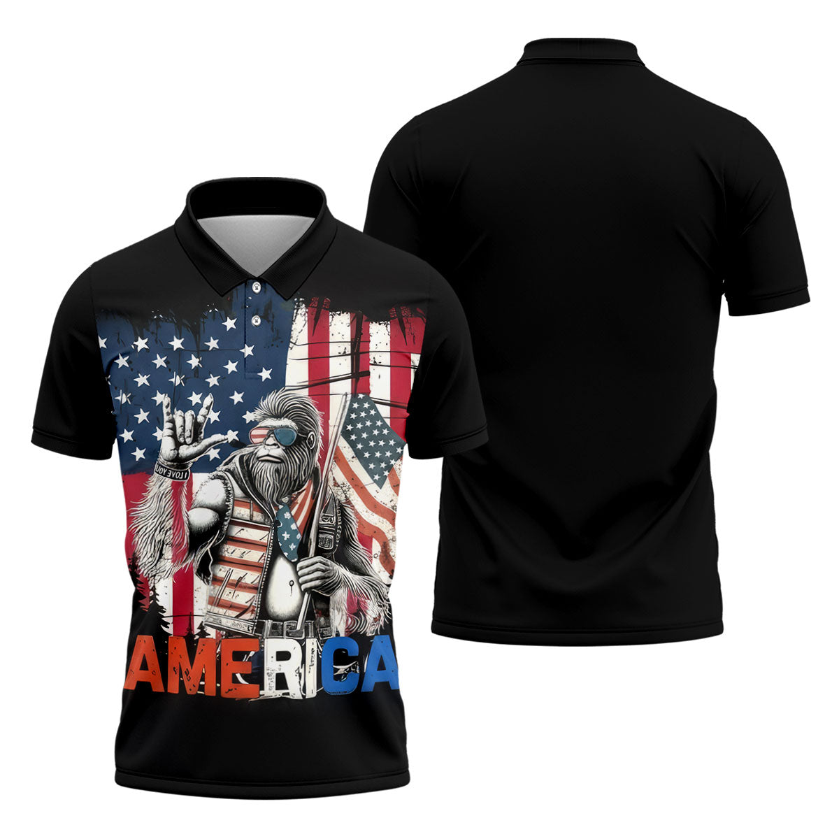 American Flag Bigfoot Patriot Black Hawaiian Golf Shirt, 250th Anniversary Tropical Vibe Men's Golf Shirt