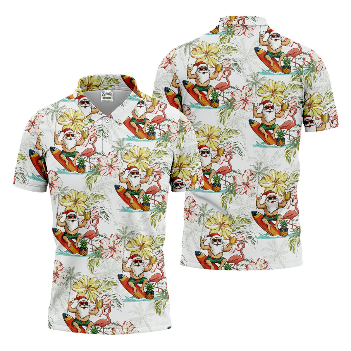 Surfing Santa Hawaiian Golf Shirt, Fun Men's Golf Polos, Christmas Golf Shirt, Golf Gift For Men