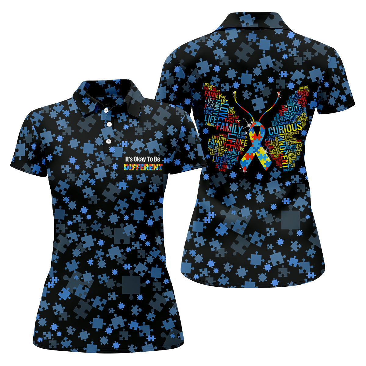 It's Okay To Be Different Autism Awareness Black And Blue Puzzle Pattern Ladies Golf Shirts, Golf Shirt For Women
