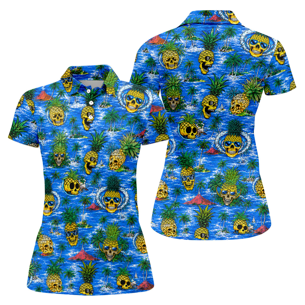 Pineapple Skull Golf Shirt, Tropical Island Volcano Pattern, Golf Shirt For Women