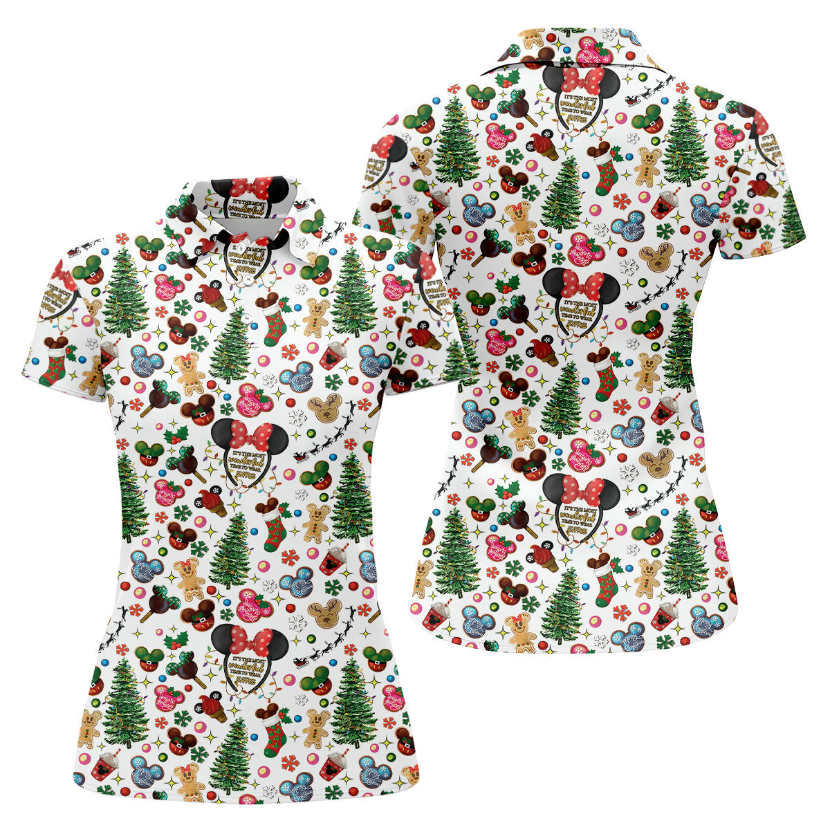 Christmas Cute Pattern Women Golf Top, Cartoon Print Ladies Golf Polos, Christmas Golf Shirt, Golfing Apparel