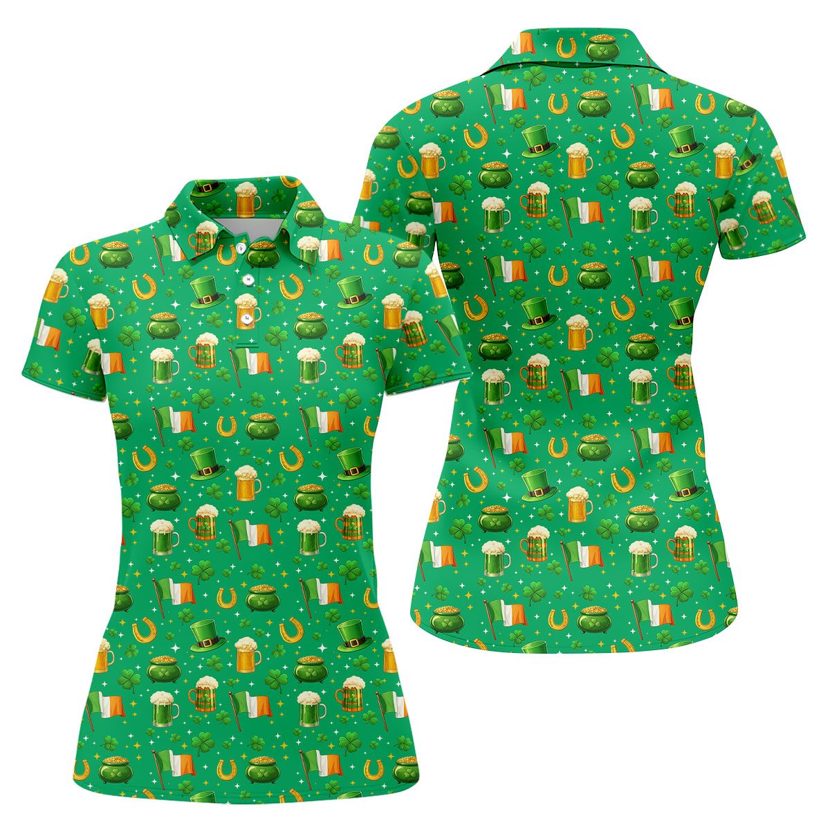 St Patrick's Day Pot Of Gold Leprechaun Hats Irish Flag Women's Golf Tops, Ladies Golf Shirts