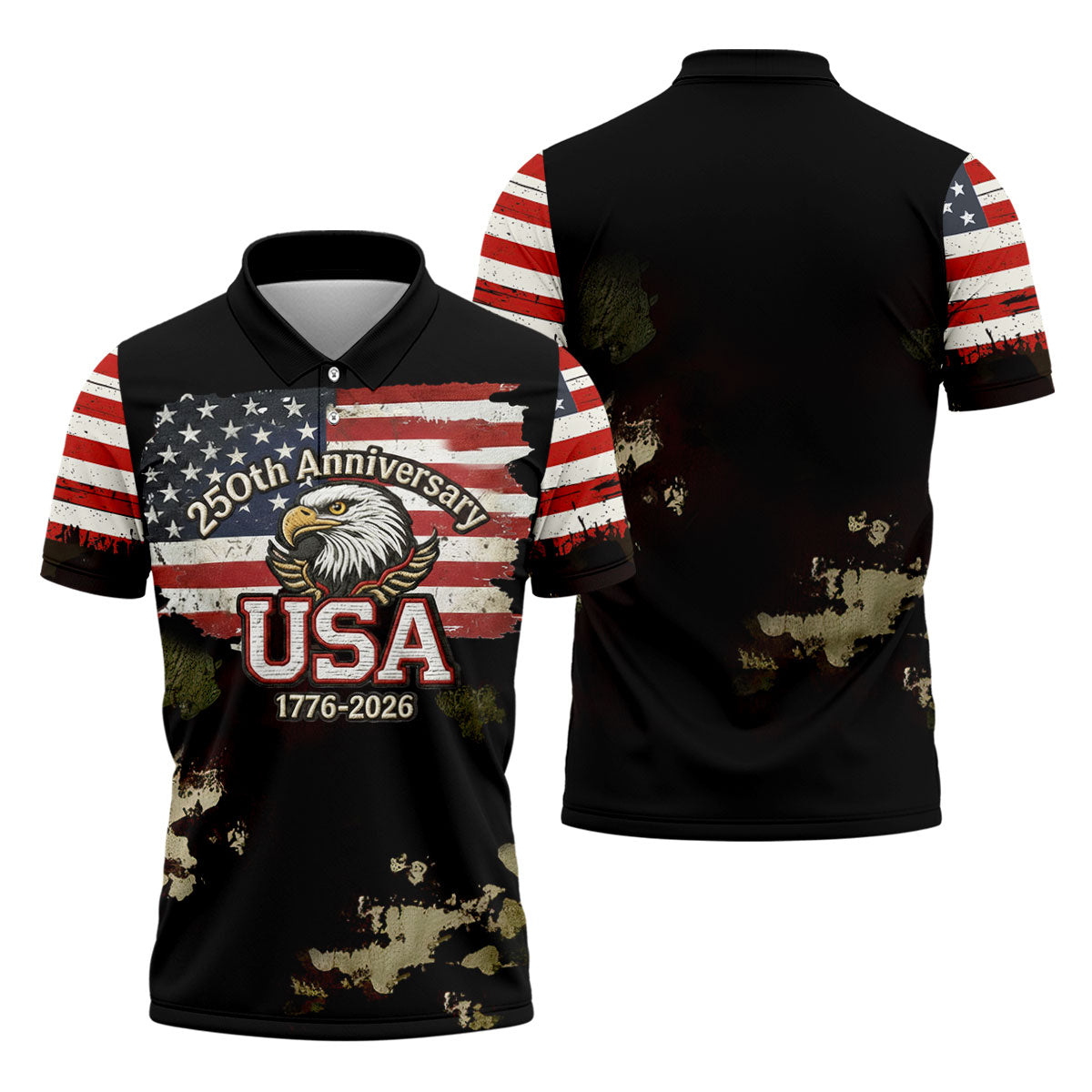 250th Anniversary USA 1776-2026 Distressed Flag Men's Golf Polo ShirtPatriotic 4th Of July Golf Shirt