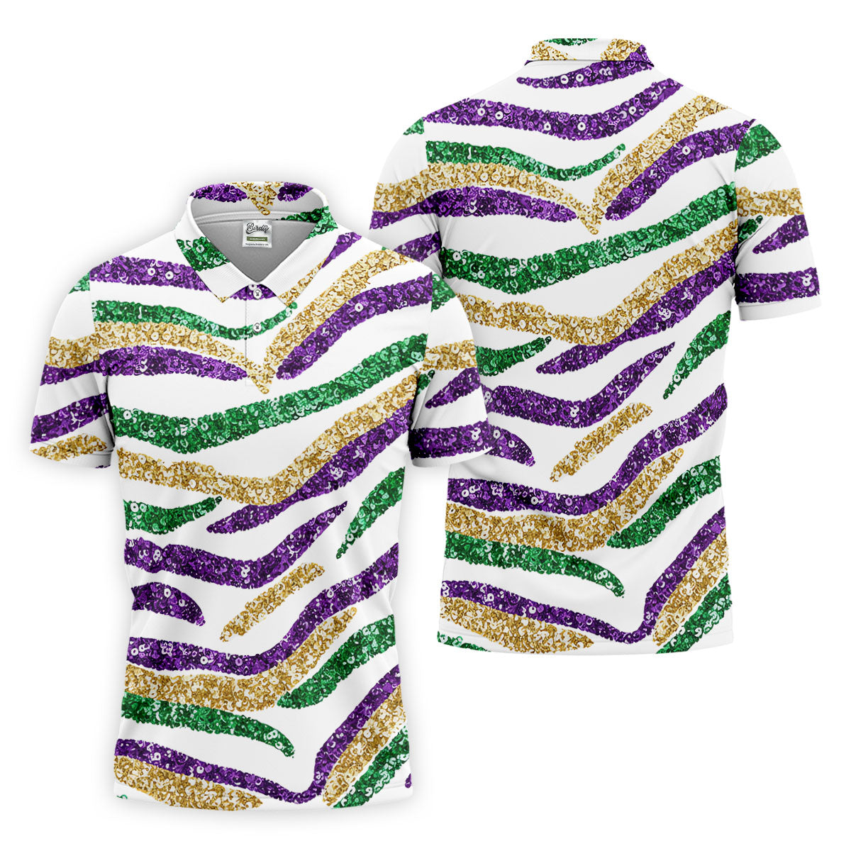 Purple Green Gold Sequin Pattern White Mardi Gras Golf Shirt, Polo ShirtFor Men, Golf Shirts For Men