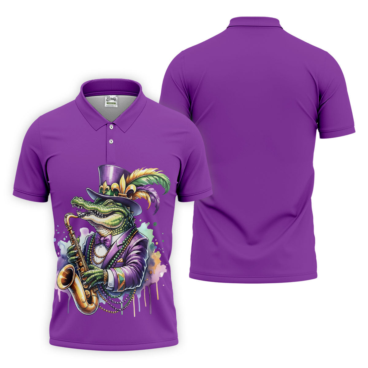 Mardi Gras Alligator Playing Saxophone Purple Golf Shirt, Golf Shirts For Men, Polo ShirtFor Men