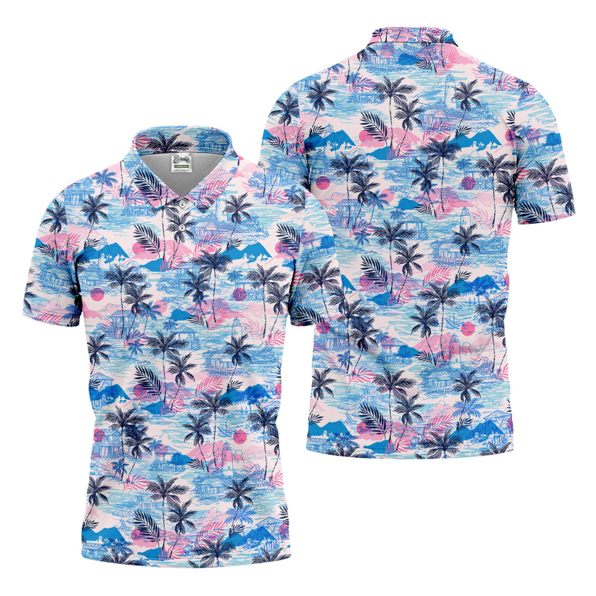 Tropical Island Sunset Pink And Blue Hawaiian Golf Shirt, Polo Shirtor Men, Golfing Apparel