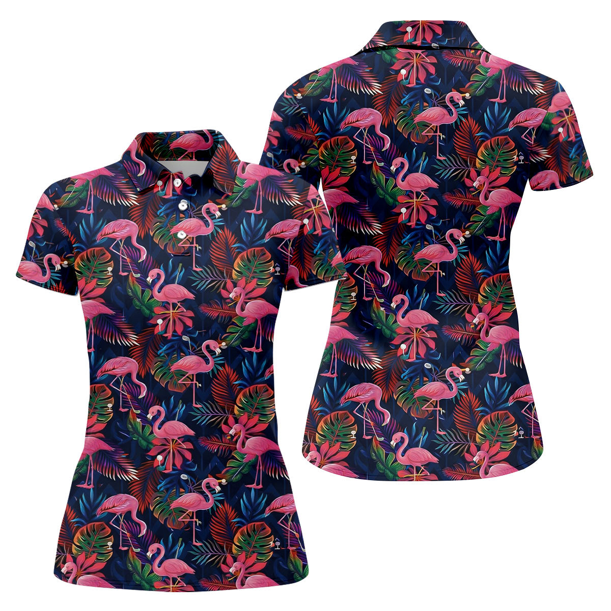 Dark Tropical Pink Flamingo Pattern Golf Shirt, Women’s Golf Apparel, Hawaiian Golf Shirt, Golf Polo For Women