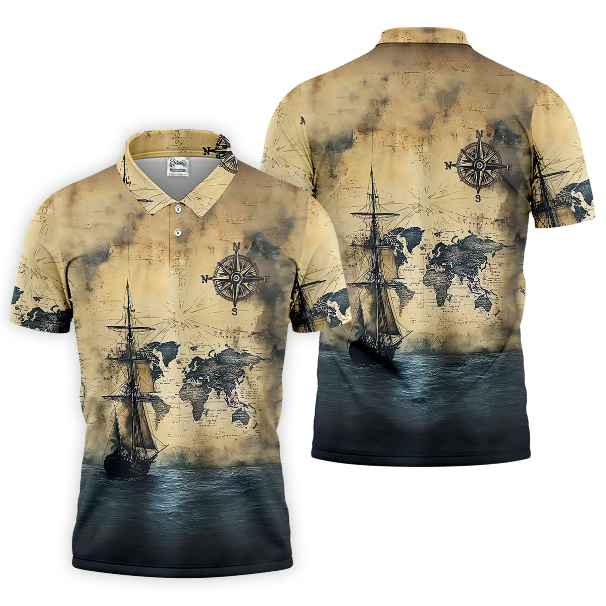 Vintage Ship Map Compass Ocean Golf Shirt, Hawaiian Golf Shirt, Mens Golf Shirts