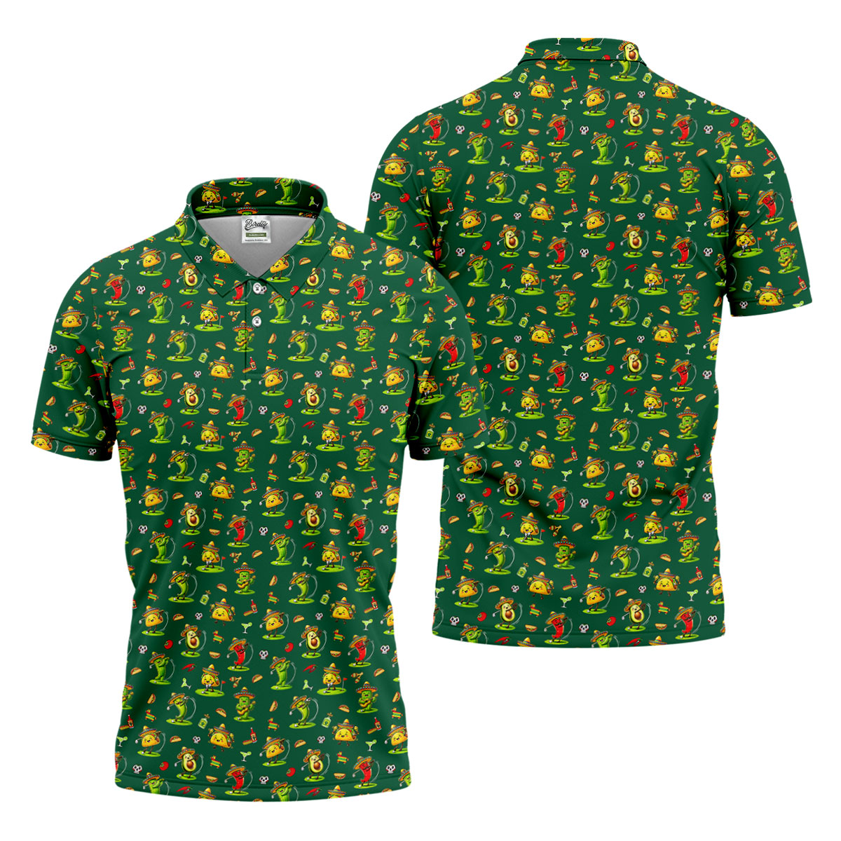 Mexican Cartoon Food Characters Cinco De Mayo Celebration Fiesta Themed Green Golf Shirts For Men
