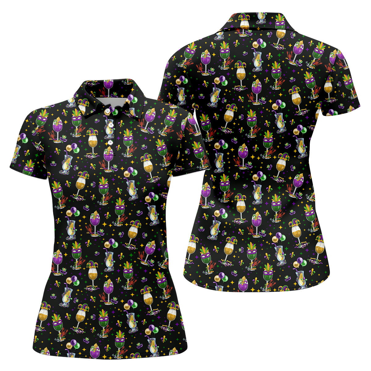 Mardi Gras Wine Glass Beaded Garland Fleur De Lis Black Golf Shirt, Women's Golf Tops, Ladies Golf Polos