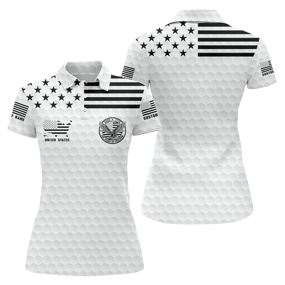 250 Years Of Freedom Golf Ball Pattern White Golf Shirt, 4th Of July Patriotic Golf Shirt For Women