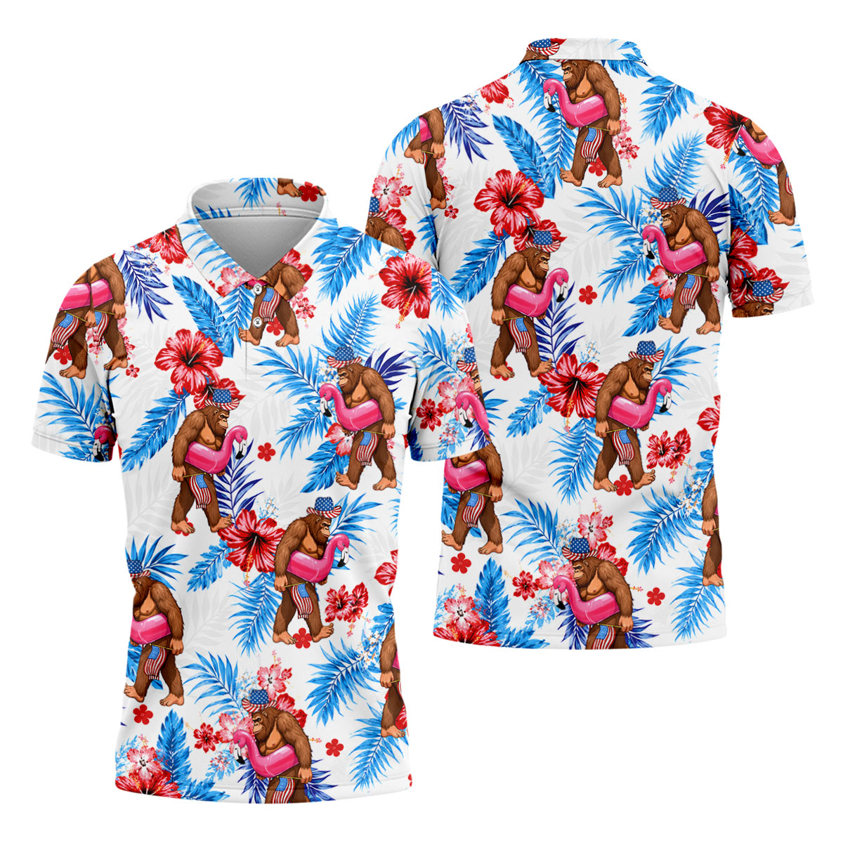 Bigfoot Flamingo Float Tropical Hawaiian Golf Shirt, Hawaiian Golf Shirt, Mens Golf Shirts