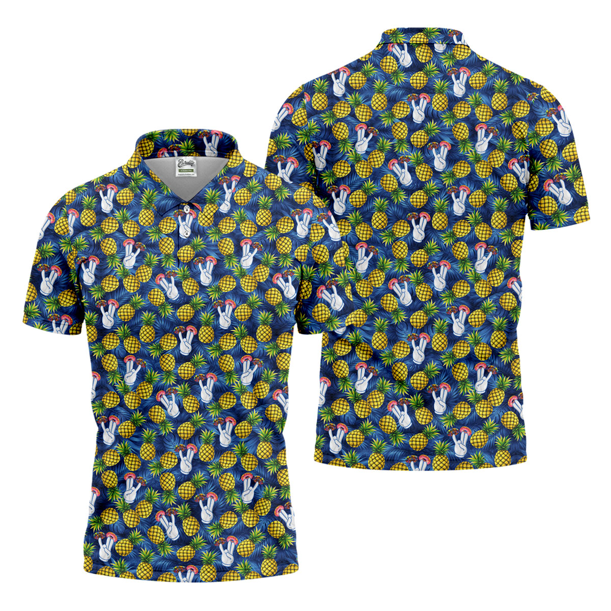 Hawaiian Pineapples Donut Finger Blue Green Yellow Fun Golf Shirts For Men, Polo ShirtFor Men