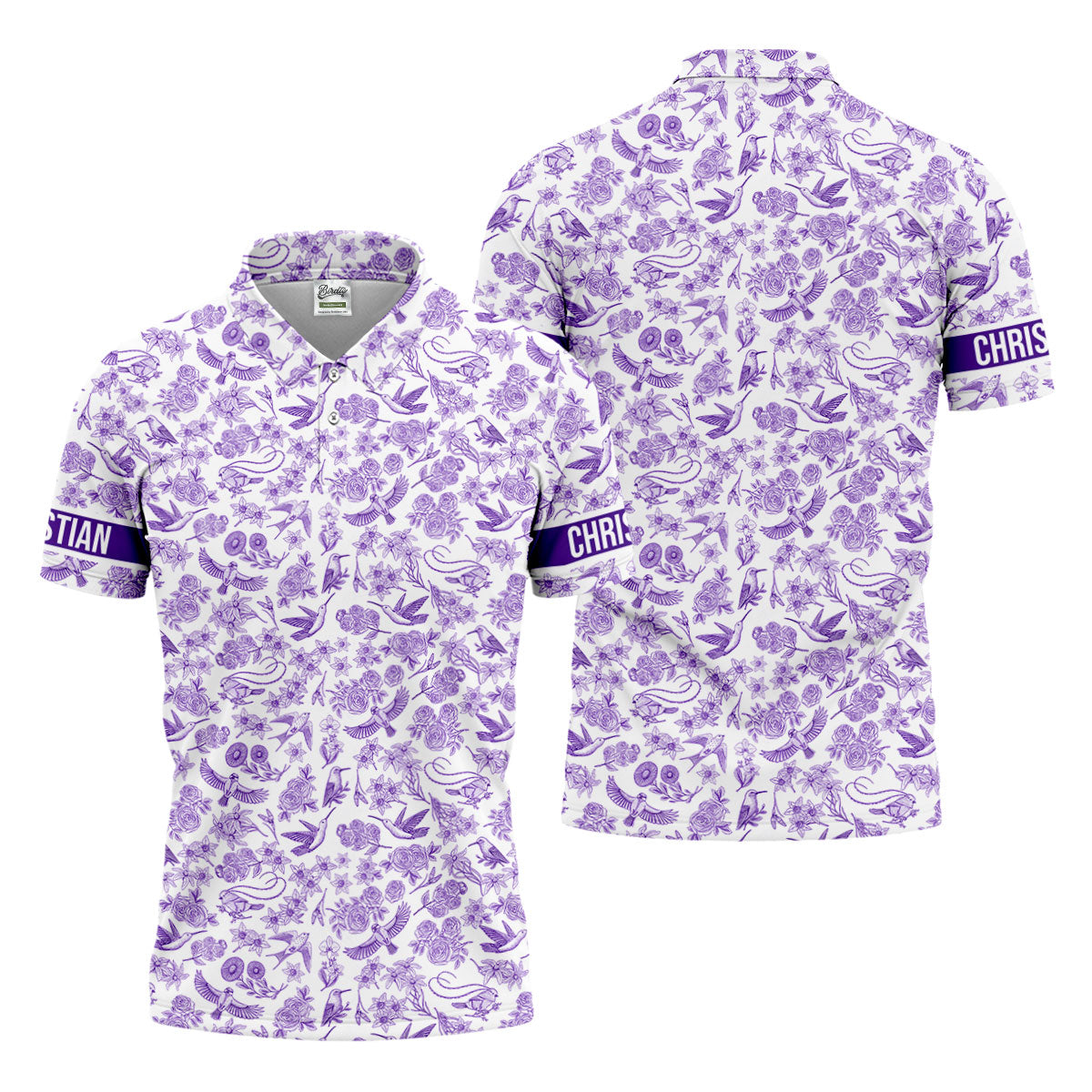 Custom Name Toile de Jouy Birds And Flowers Purple And White Polo ShirtFor Men, Golf Gift For Men