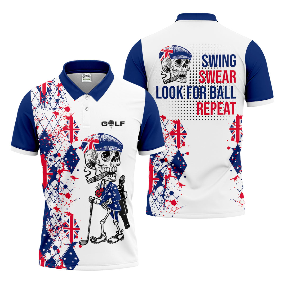 Swing Swear Look For Ball Repeat Australia Flag Print Skeleton Golfer Argyle Golf Shirt, Polo Shirtor Men