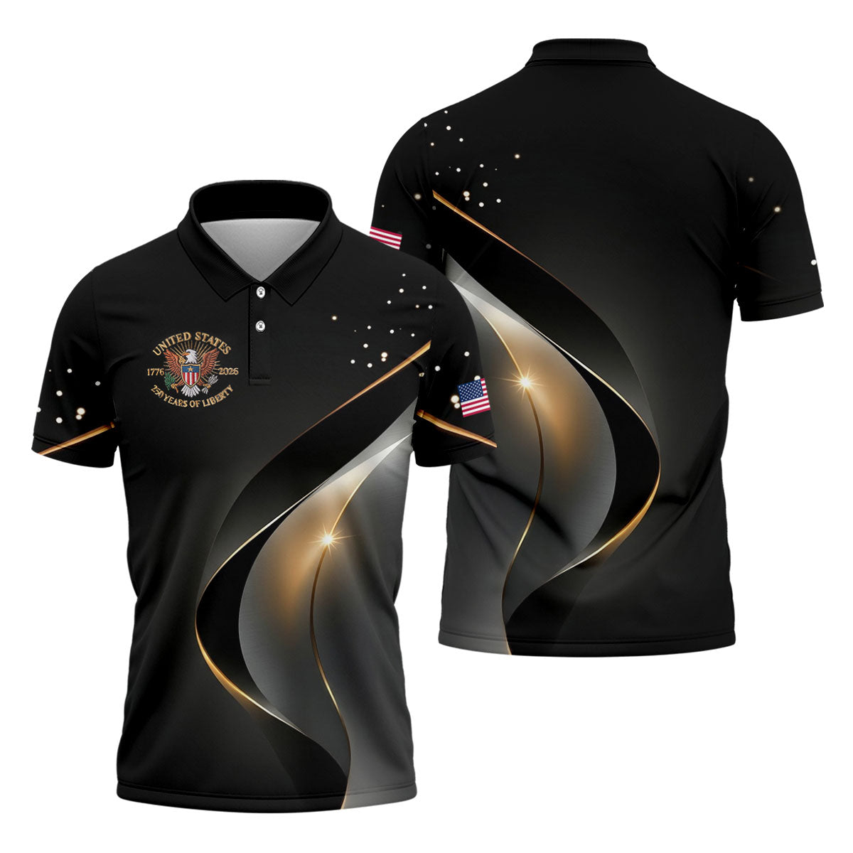 US 250 Years Of Liberty American Flag And Bald Eagle Black Golf Shirt, Patriotic 4th Of July Golf Shirts For Men