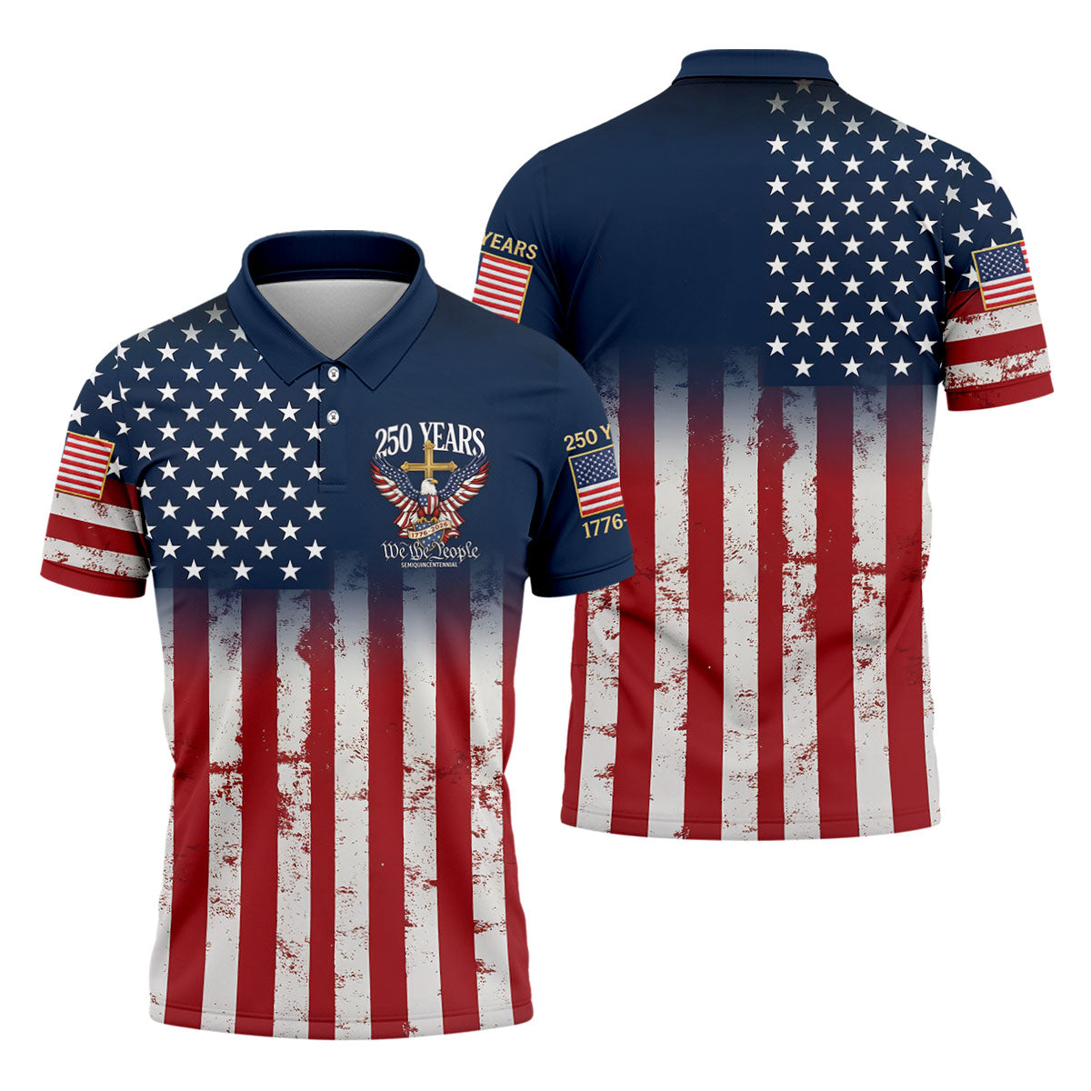250 Years We The People Bald Eagle US Flag Cross Faith Golf Shirts For Men, Patriotic Golf Shirt