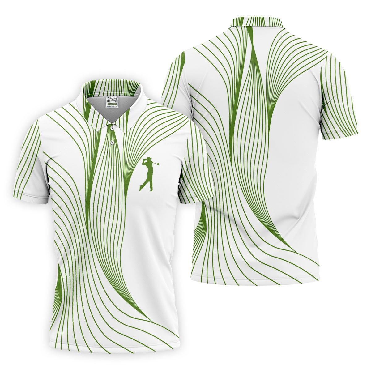Geometric Line Wavy Line Green And White Golf Shirts For Men, Men's Golf Shirt, Polo ShirtFor Men