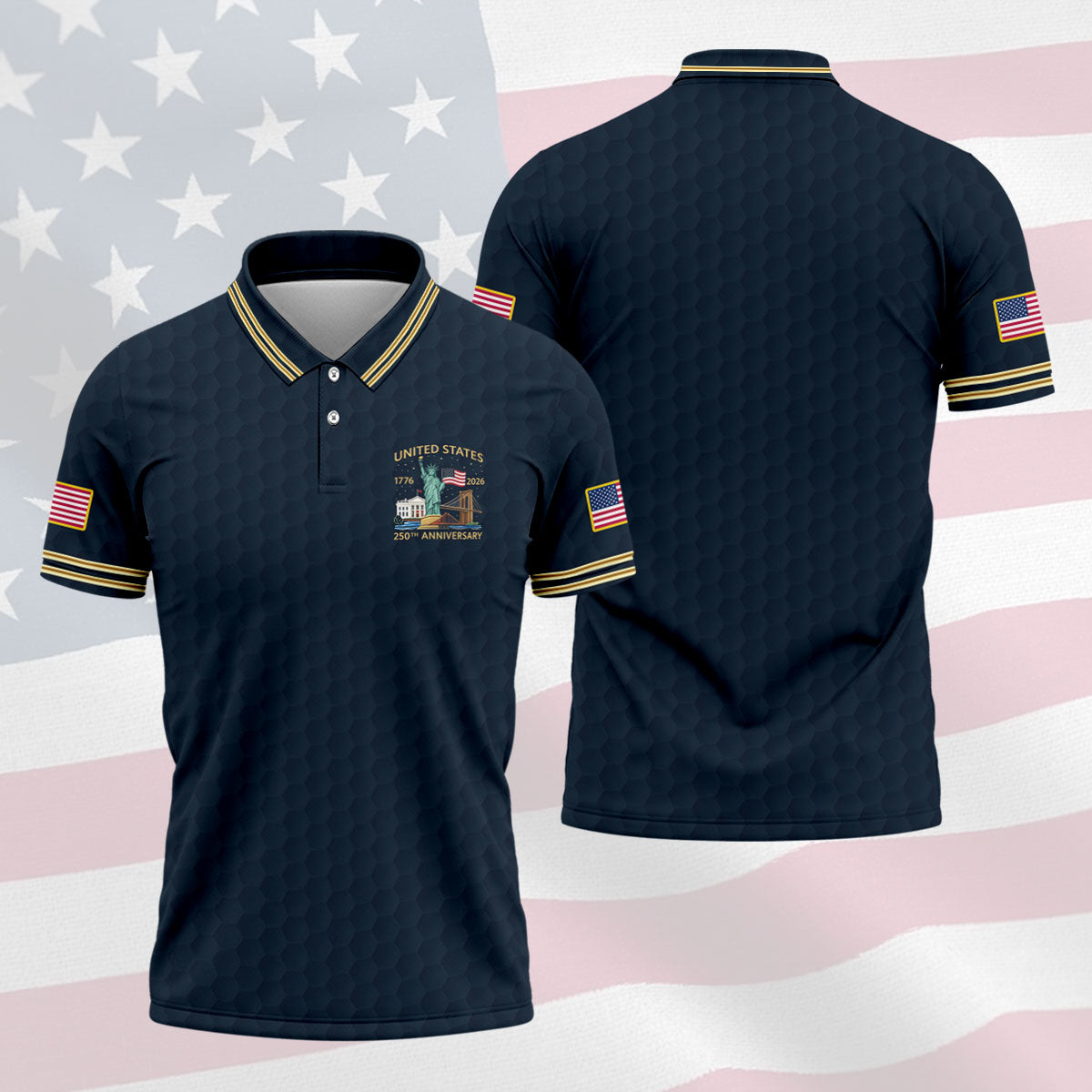 United States 250th Anniversary Golf Ball Pattern Navy Golf Shirt, 4th Of July Patriotic Golf Shirts For Men