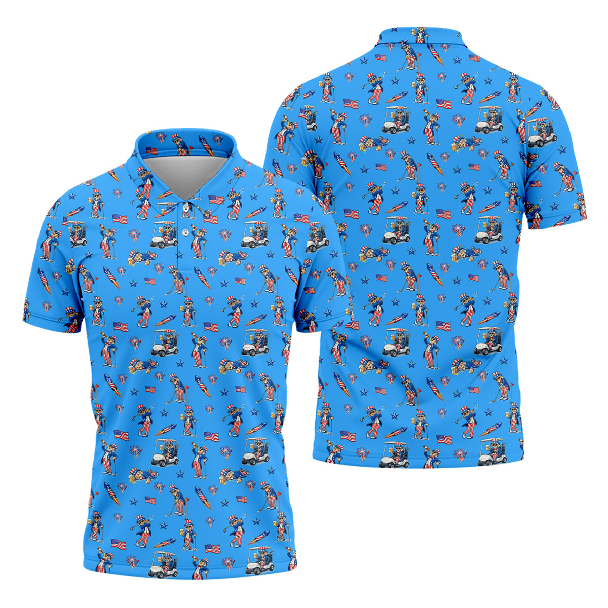 Patriotic Man Golf And Beer Funny 4th Of July Blue Golf Shirt, 250 Years Seamless Pattern Golf Shirts For Men
