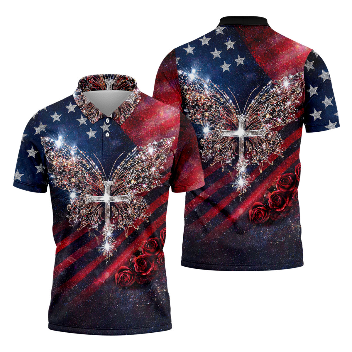 Faith Cross Shimmering Butterfly 250th Anniversary Golf Tops For Men, Patriotic 4th Of July Golf Shirts For Men