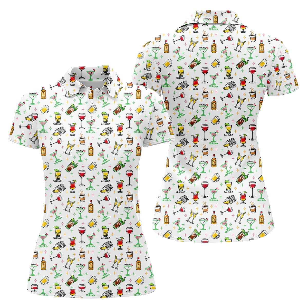19th Hole Cocktail Drinks Pattern Golf Shirt, Women’s Golf Polo, Golf Shirts For Women