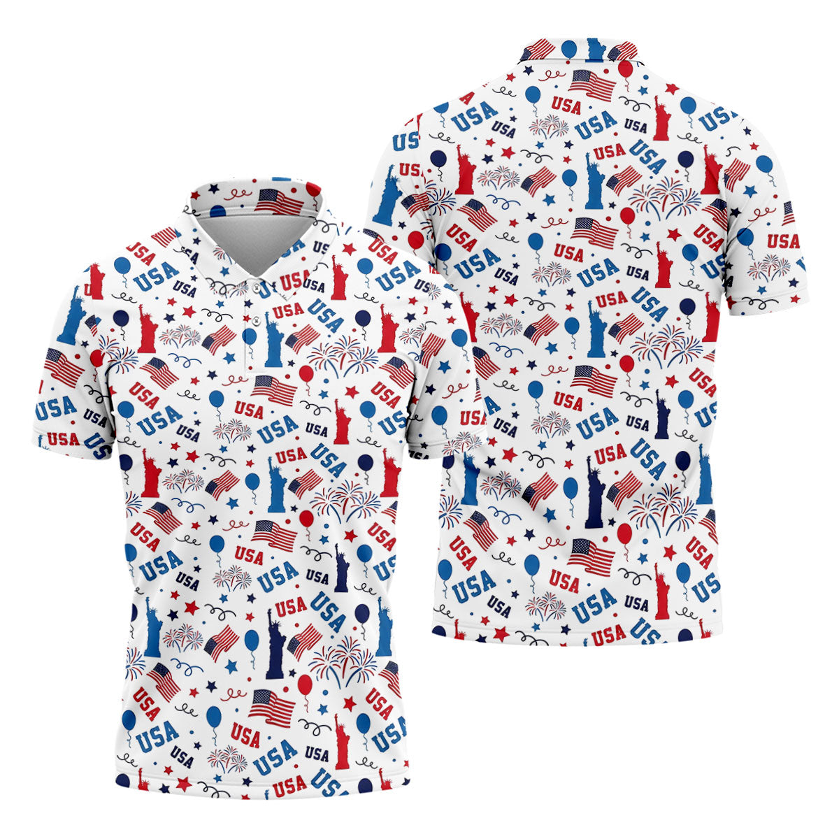 USA Red White Blue Seamless Pattern White Golf Shirt, 250th Anniversary Patriotic 4th Of July Golf Shirts For Men