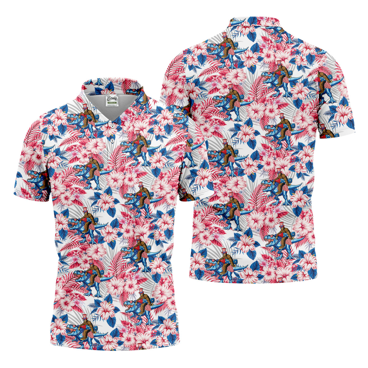 Patriotic T-Rex Bigfoot Hawaiian Floral Golf Shirt, 250 Years 4th Of July Golf Shirts For Men