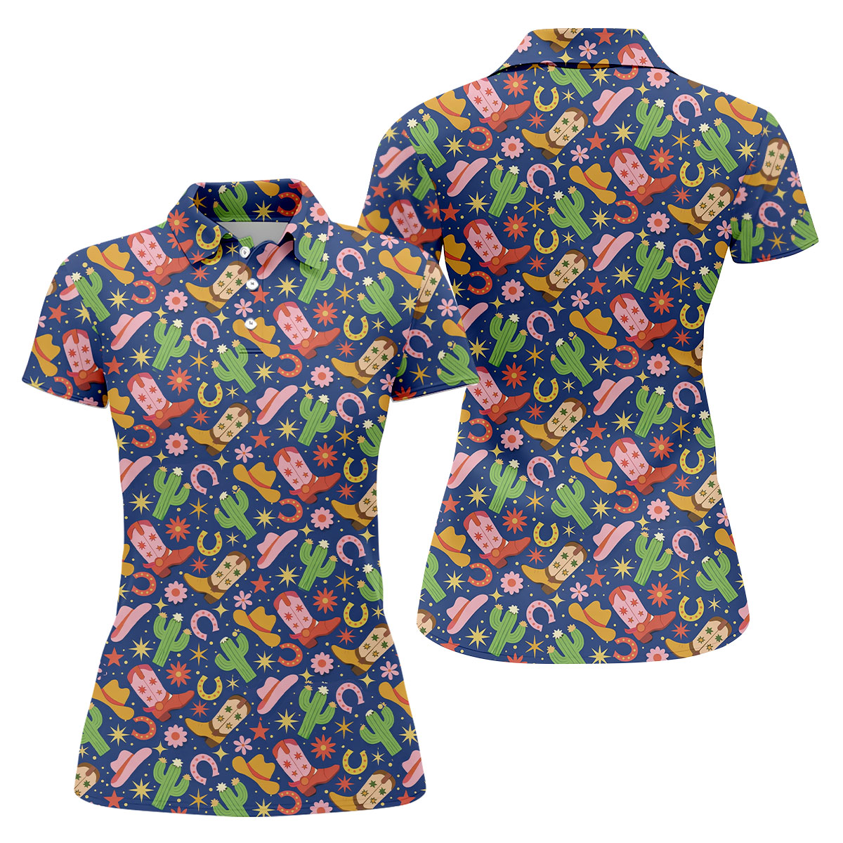 Western Cowboy Golf Shirt, Desert Cactus Horseshoe Pattern, Golf Shirt For Women