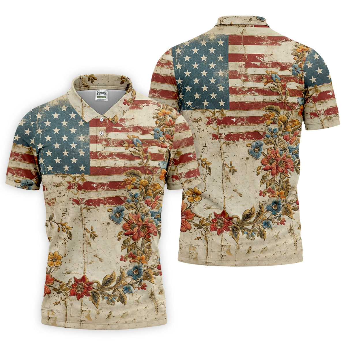 Floral American Flag Vintage Golf Shirt, 250 Years Patriotic 4th Of July Golf Shirts For Men